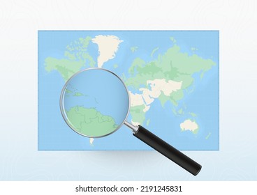 Karte der Welt mit einer Lupe auf Grenada, Suche Grenada mit Lupe. Vektorplan.