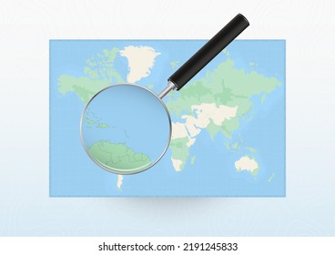 Karte der Welt mit einer Lupe, die auf Dominica gerichtet ist und Dominica mit Lupe sucht. Vektorplan.