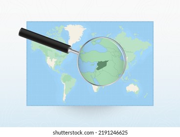 Mapa del mundo con una lupa dirigida a Siria, buscando a Siria con lupa. Mapa de vectores.