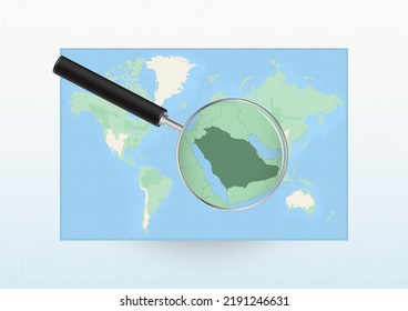 Karte der Welt mit einer Lupe, die auf Saudi-Arabien gerichtet ist und Saudi-Arabien mit Lupe durchsucht. Vektorplan.