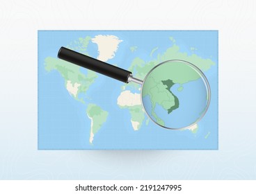 Mapa del mundo con una lupa dirigida a Vietnam, buscando a Vietnam con lupa. Mapa de vectores.