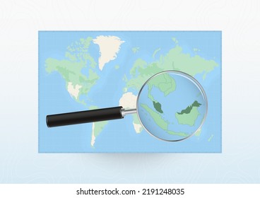 Mapa del mundo con una lupa dirigida a Malasia, buscando en Malasia con lupa. Mapa de vectores.