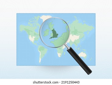 Mapa del mundo con una lupa dirigida a Inglaterra, buscando a Inglaterra con una lupa. Mapa de vectores.