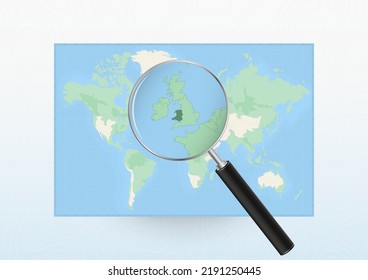 Map of the World with a magnifying glass aimed at Wales, searching Wales with loupe. Vector map.