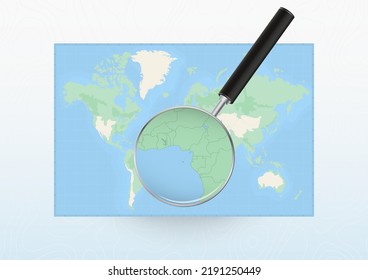 Map of the World with a magnifying glass aimed at Sao Tome and Principe, searching Sao Tome and Principe with loupe. Vector map.