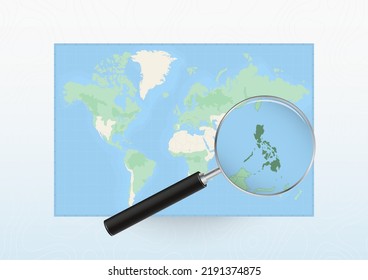Map of the World with a magnifying glass aimed at Philippines, searching Philippines with loupe. Vector map.