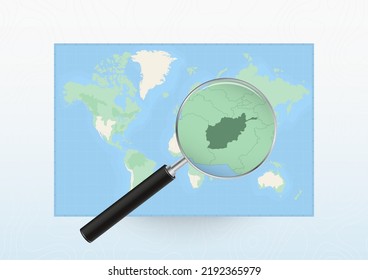 Map of the World with a magnifying glass aimed at Afghanistan, searching Afghanistan with loupe. Vector map.