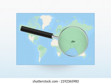 Map of the World with a magnifying glass aimed at Bhutan, searching Bhutan with loupe. Vector map.