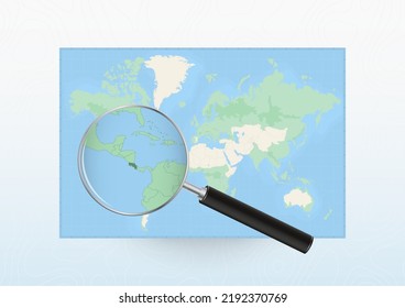 Map of the World with a magnifying glass aimed at Costa Rica, searching Costa Rica with loupe. Vector map.