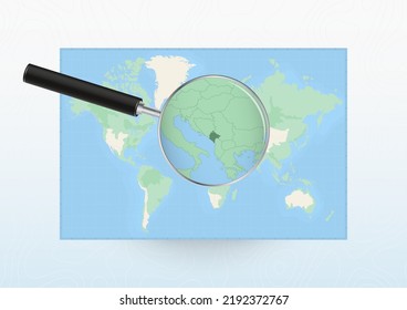 Map of the World with a magnifying glass aimed at Montenegro, searching Montenegro with loupe. Vector map.