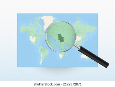 Map of the World with a magnifying glass aimed at Serbia, searching Serbia with loupe. Vector map.