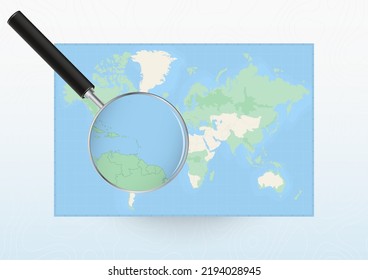 Mapa del mundo con una lupa dirigida a Santa Lucía, buscando a Santa Lucía con lupa. Mapa de vectores.