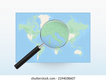 Map of the World with a magnifying glass aimed at San Marino, searching San Marino with loupe. Vector map.