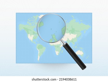 Map of the World with a magnifying glass aimed at Faroe Islands, searching Faroe Islands with loupe. Vector map.