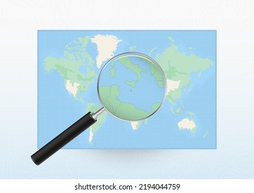 Map of the World with a magnifying glass aimed at Malta, searching Malta with loupe. Vector map.