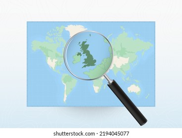 Map of the World with a magnifying glass aimed at United Kingdom, searching United Kingdom with loupe. Vector map.