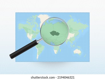 Mapa del mundo con una lupa dirigida a la República Checa, buscando a la República Checa con lupa. Mapa de vectores.