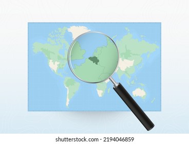 Map of the World with a magnifying glass aimed at Belgium, searching Belgium with loupe. Vector map.