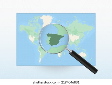 Map of the World with a magnifying glass aimed at Spain, searching Spain with loupe. Vector map.