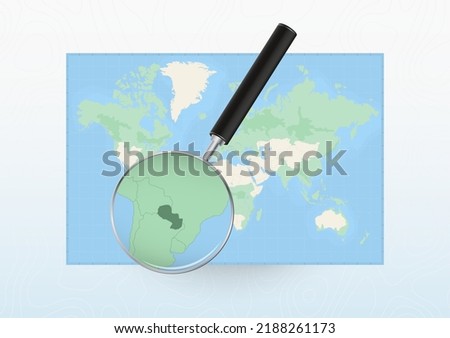 Map of the World with a magnifying glass aimed at Paraguay, searching Paraguay with loupe. Vector map.