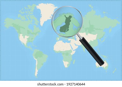 Map of the world with a magnifying glass on a map of Finland Detailed map of Finland and neighboring countries in the magnifying glass.