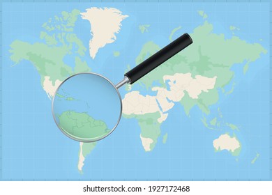 Map of the world with a magnifying glass on a map of Grenada Detailed map of Grenada and neighboring countries in the magnifying glass.