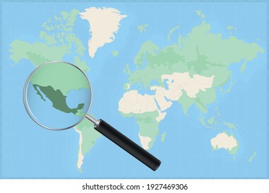 Map of the world with a magnifying glass on a map of Mexico Detailed map of Mexico and neighboring countries in the magnifying glass.