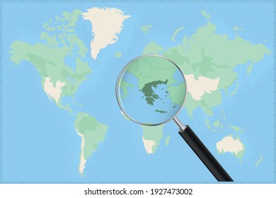 Map of the world with a magnifying glass on a map of Greece Detailed map of Greece and neighboring countries in the magnifying glass.