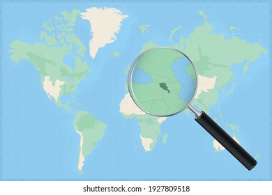 Weltkarte mit Lupe auf einer Karte Armeniens Detailkarte von Armenien und Nachbarländern in der Lupe.