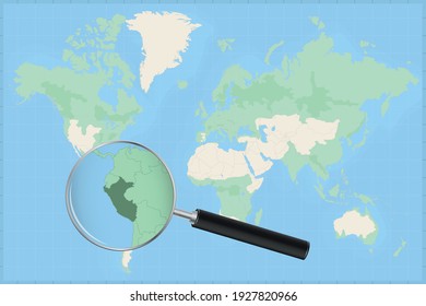 Map of the world with a magnifying glass on a map of Peru Detailed map of Peru and neighboring countries in the magnifying glass.