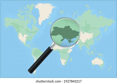 Map of the world with a magnifying glass on a map of Ukraine Detailed map of Ukraine and neighboring countries in the magnifying glass.