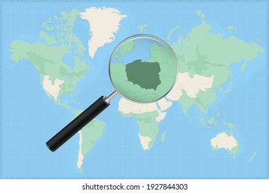 Map of the world with a magnifying glass on a map of Poland Detailed map of Poland and neighboring countries in the magnifying glass.