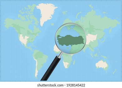 Mapa del mundo con una lupa en un mapa de Turquía Mapa detallado de Turquía y países vecinos en la lupa.