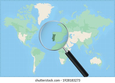 Map of the world with a magnifying glass on a map of Portugal Detailed map of Portugal and neighboring countries in the magnifying glass.