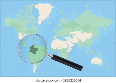 Map of the world with a magnifying glass on a map of Colombia Detailed map of Colombia and neighboring countries in the magnifying glass.