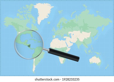 Karte der Welt mit einer Lupe auf einer Karte von Nicaragua Detaillierte Karte von Nicaragua und den Nachbarländern in der Lupe.