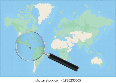 Map of the world with a magnifying glass on a map of Costa Rica Detailed map of Costa Rica and neighboring countries in the magnifying glass.