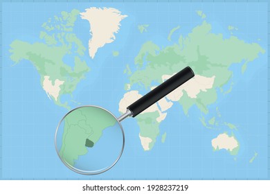 Map of the world with a magnifying glass on a map of Uruguay Detailed map of Uruguay and neighboring countries in the magnifying glass.