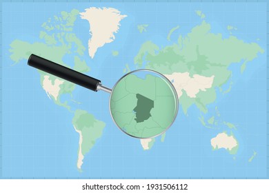 Map of the world with a magnifying glass on a map of Chad Detailed map of Chad and neighboring countries in the magnifying glass.