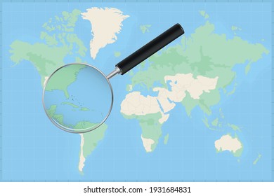 Map of the world with a magnifying glass on a map of The Bahamas Detailed map of The Bahamas and neighboring countries in the magnifying glass.