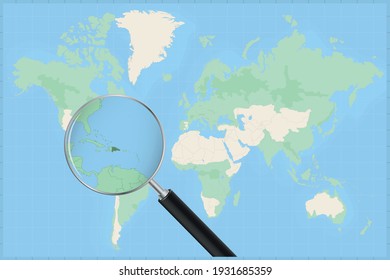 Karte der Welt mit einer Lupe auf einer Karte der Dominikanischen Republik Detailkarte der Dominikanischen Republik und der Nachbarländer in der Lupe.