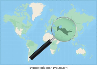 Map of the world with a magnifying glass on a map of Uzbekistan Detailed map of Uzbekistan and neighboring countries in the magnifying glass.