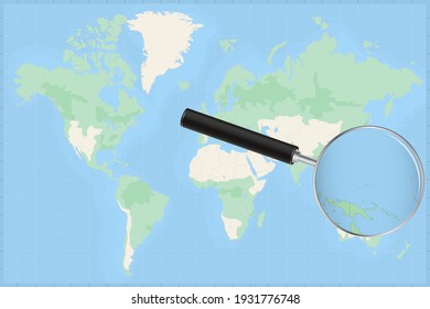 Map of the world with a magnifying glass on a map of Micronesia Detailed map of Micronesia and neighboring countries in the magnifying glass.