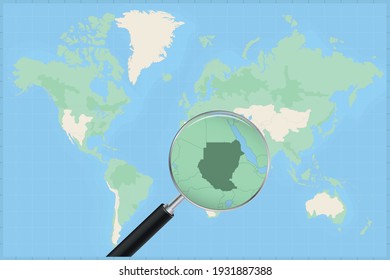 Map of the world with a magnifying glass on a map of Sudan Detailed map of Sudan and neighboring countries in the magnifying glass.