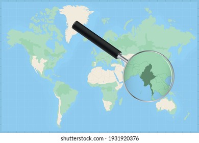 Karte der Welt mit einer Lupe auf einer Karte von Myanmar Detailkarte von Myanmar und Nachbarländern in der Lupe.