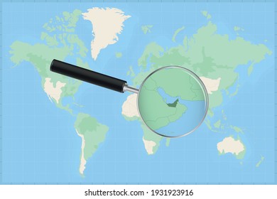 Map of the world with a magnifying glass on a map of United Arab Emirates Detailed map of United Arab Emirates and neighboring countries in the magnifying glass.