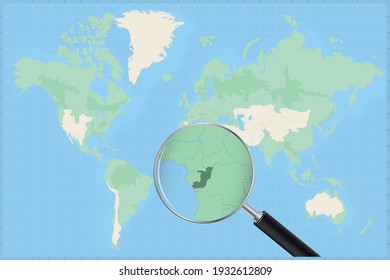 Mapa del mundo con una lupa en un mapa del Congo Mapa detallado del Congo y países vecinos en la lupa.