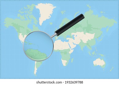 Karte der Welt mit einer Lupe auf einer Karte von Saint Lucia Detaillierte Karte von Saint Lucia und Nachbarländer in der Lupe.