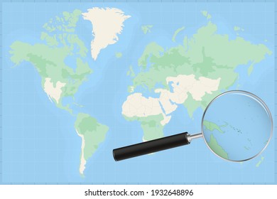 Map of the world with a magnifying glass on a map of Solomon Islands Detailed map of Solomon Islands and neighboring countries in the magnifying glass.