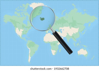 Map of the world with a magnifying glass on a map of Iceland Detailed map of Iceland and neighboring countries in the magnifying glass.